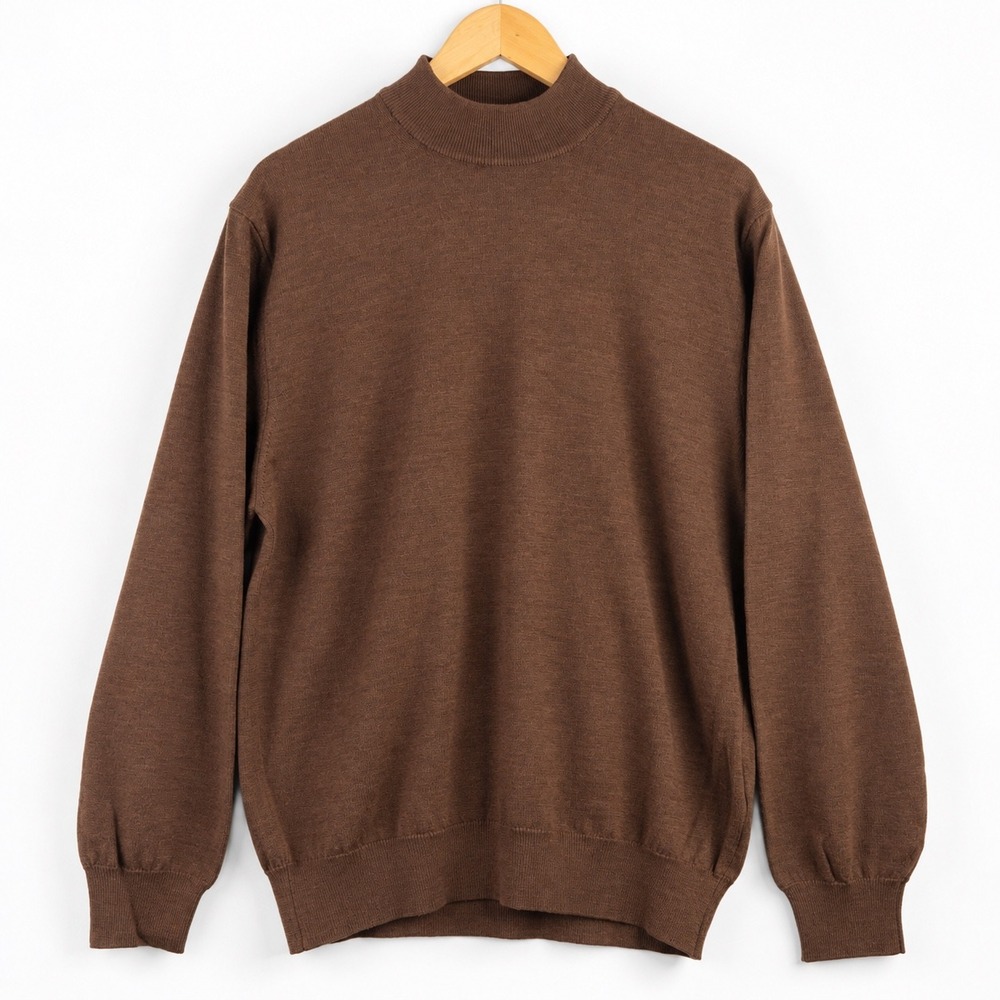 Tom James Mens Brown Merino Extrafine Wool Mock Neck Sweater Made in Italy L